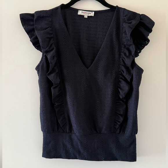 Morgan de Toi Dark Navy Ruffle V Neck Blouse S - Picture 1 of 3